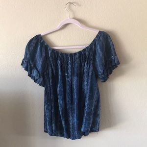 KNOX ROSE Flower Embroidery Blue Short Sleeve Ruffle Sleeve Shirt Sz M